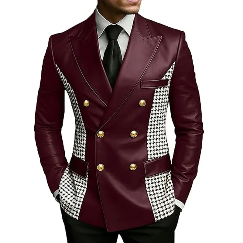 Men’s brown leather blazer with houndstooth side panels, vintage two-tone design, gold buttons, slim fit, double-breasted leather tuxedo jacket.