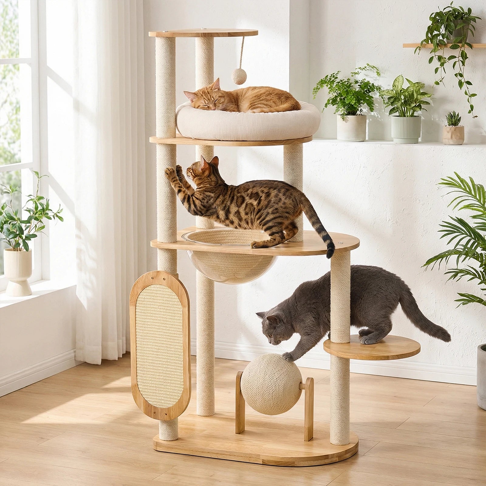 Showlu Solid Wood Cat Climbing Frame with 4 tiers, scratching posts, and perch platforms for cats to climb and rest.