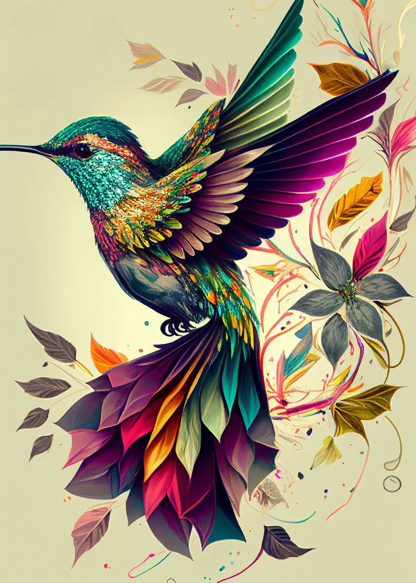 Colorful watercolor hummingbird and flower wall art canvas painting, vibrant bird and floral decor for living room or home.