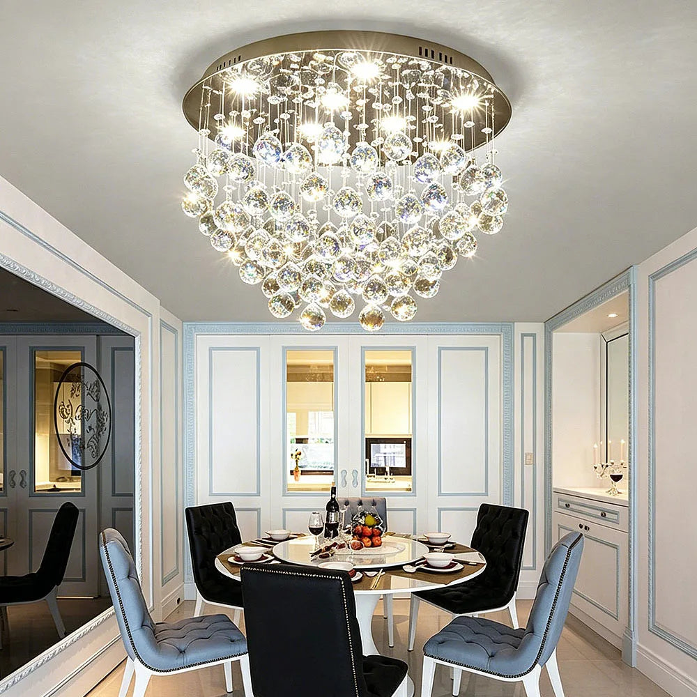 Luxury Water Drop Crystal Ceiling Lamp Modern Round Flush Mount LED Chandelier For Villa Closet Dining Room Home Lighting