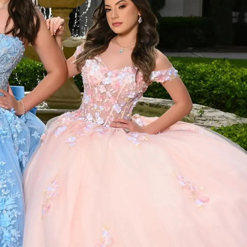 Showlu Pink Quinceanera dress with off-shoulder neckline and 3D floral lace ball gown design, elegant and detailed for special occasions.