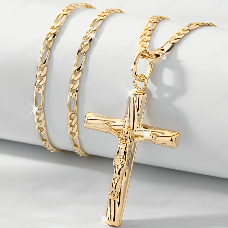 14K gold plated cross pendant necklace with hip-hop sacred jewelry style, featuring bold design and intricate detailing.