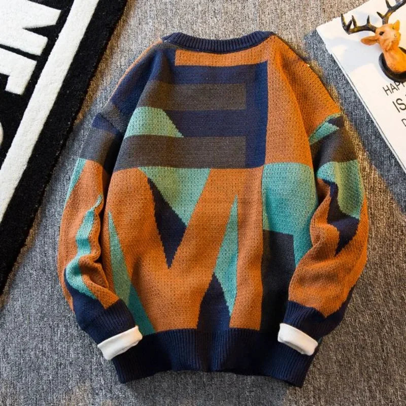 Brown men's graphic crewneck knitted sweater with round collar, baggy fit, suitable for spring and autumn.