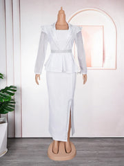 Women Fashion Celebrate Evening Party Dress Turn Down Neck Diamond See Through Long Sleeve Slim Slit Birthday Wedding Guest Robe
