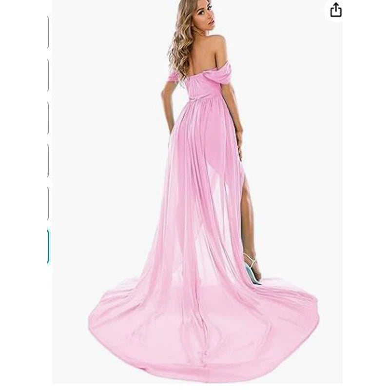 Elegant chiffon maternity dress for photoshoot with a long train, showcasing a flowing design and split front by Showlu Fashion Store.