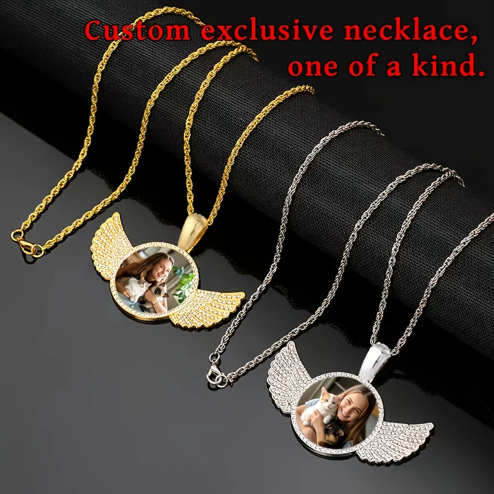 Showlu Custom Angel Wing Photo Necklace with zinc alloy memory pendant, featuring a detailed angel wing design and space for a photo.