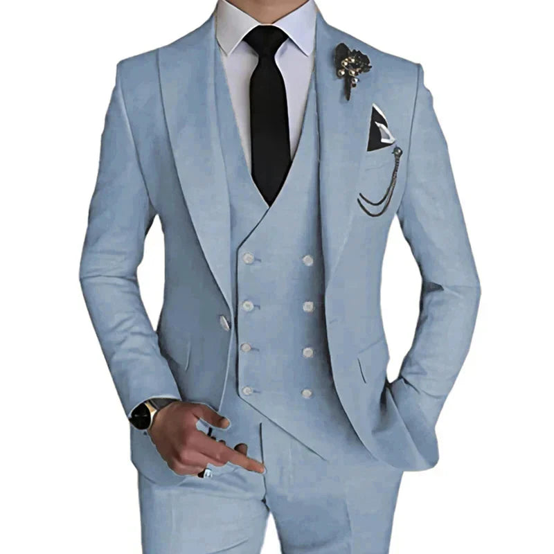 Men's slim fit wedding suit by SHOWLU FASHION STORE, three-piece single-breasted design with jacket, vest, and trousers.