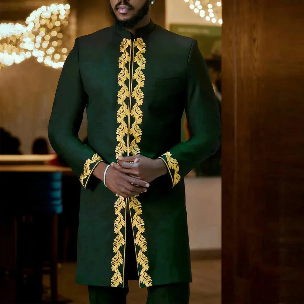 Showlu men's white Kaunda suit, African traditional 2-piece cotton set, featuring classic design and comfortable fit.