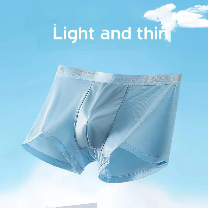 Showlu men's ice silk boxer shorts with breathable graphene fabric, featuring a comfortable fit and smooth texture.