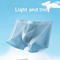A pair of light blue ice silk boxer briefs with a wide elastic waistband.