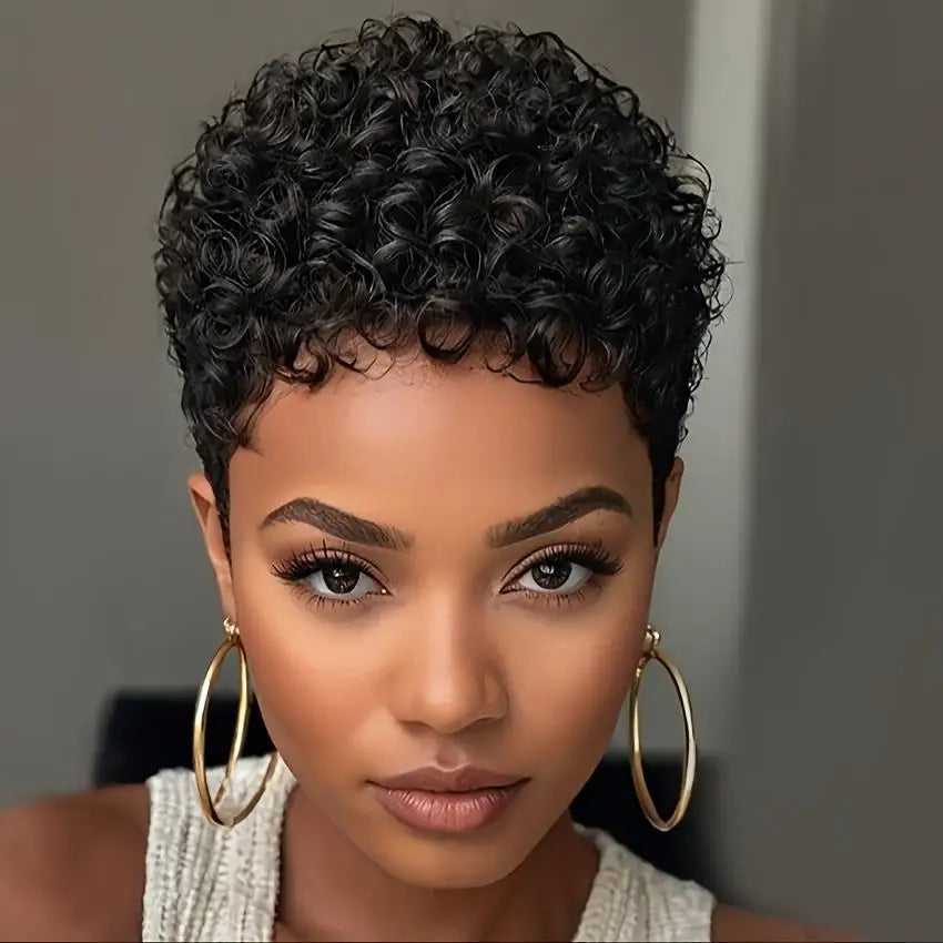 Short black afro curly human hair wig with 150% density, Remy hair, 4-inch pixie cut, machine-made, from Showlu Fashion Store.