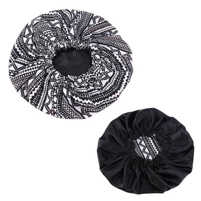 Women’s Ankara print satin-lined sleep cap, large African pattern bonnet, soft headwrap for hair care and comfort.