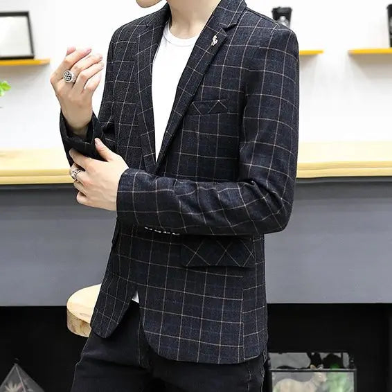Men's slim fit striped plaid blazer by SHOWLU FASHION STORE, casual Korean style jacket with stylish design and tailored fit.