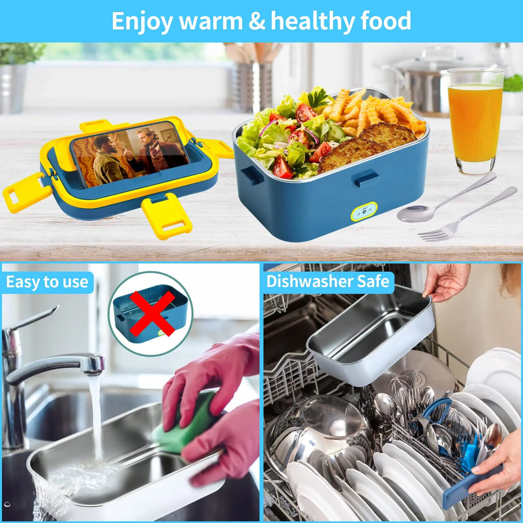 SHOWLU 1.8L stainless steel electric lunch box with food warmer, suitable for 12V, 24V, and 110V travel and office use.