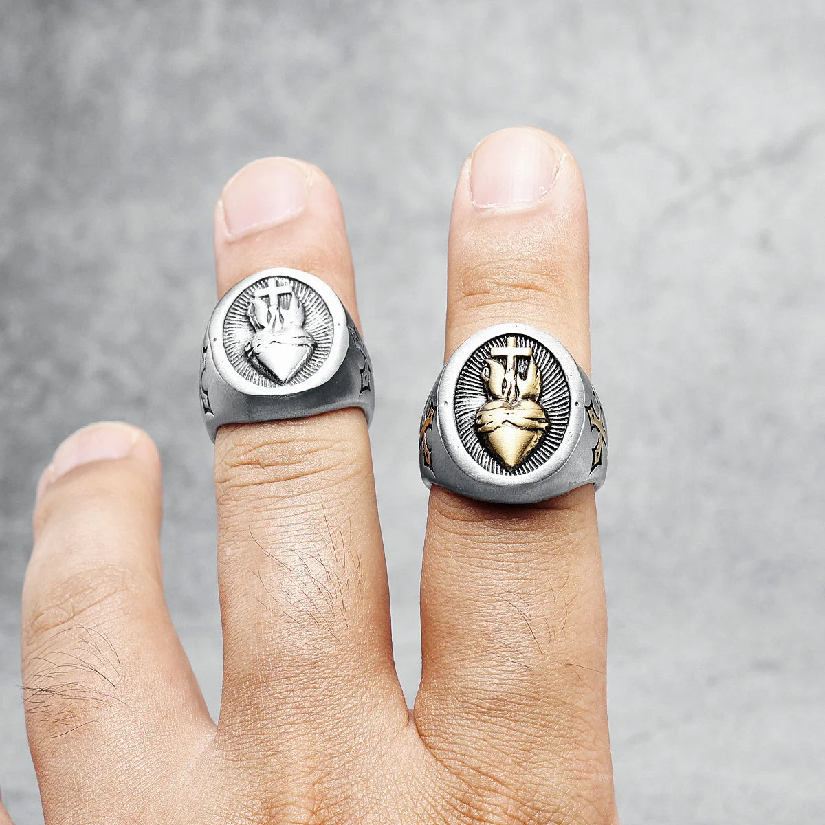 Metal Town Heart of God Cross Ring from Showlu Fashion Store, stainless steel biker amulet with detailed religious design.