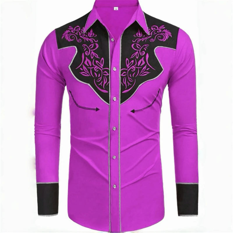Long-sleeved men's denim shirt by Showlu Fashion, featuring 20 colors, loose fit, retro western style, soft casual fabric