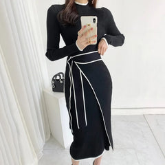 YuooMuoo Elegant Lace Up Turtleneck Knitted Long Dress Korean Fashion Khaki Black Rib Bandage Bodycon Sweater Dress Robe Femme