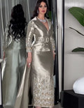 Silver grey beaded V-neck evening gown, sheath prom dress by SHOWLU FASHION STORE, with elegant flowing fabric and intricate beadwork