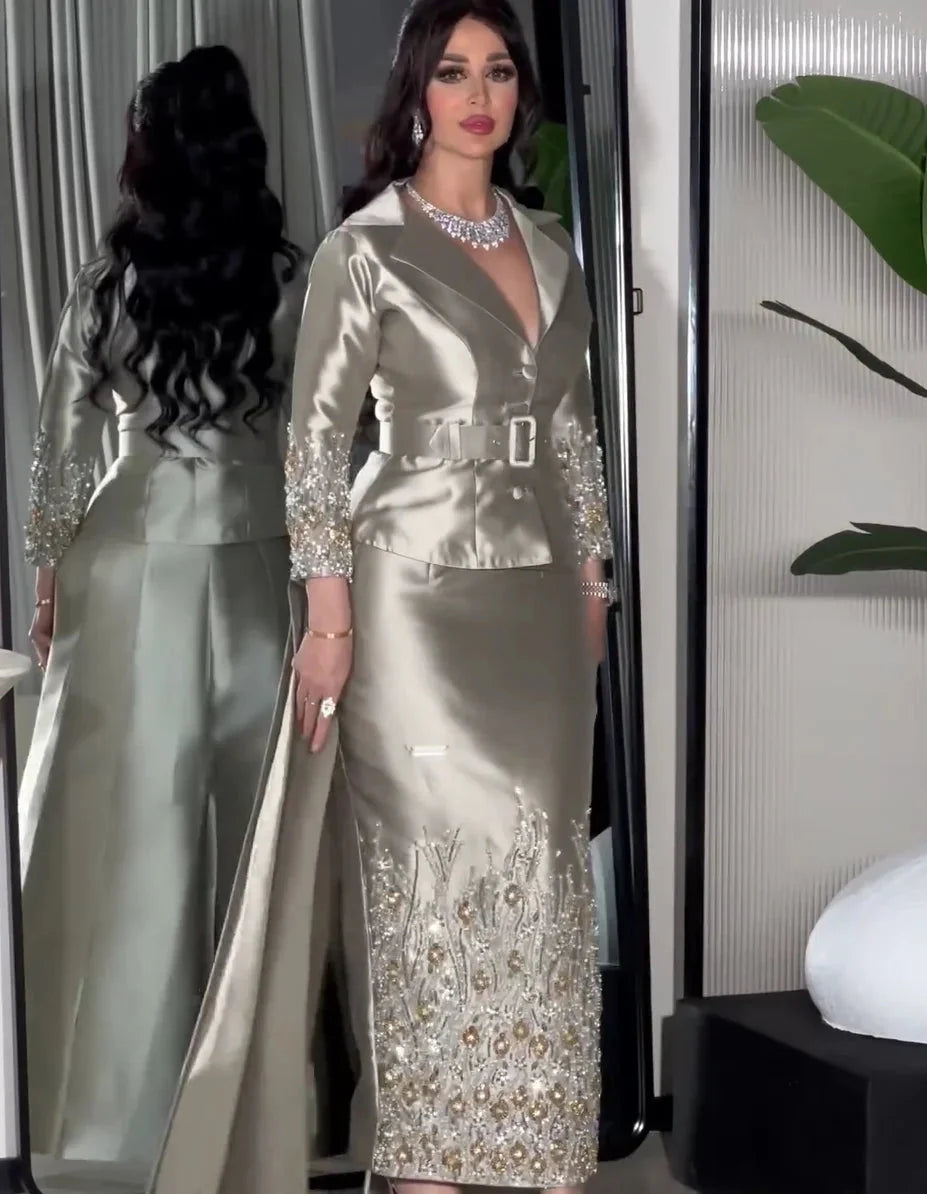 Silver grey beaded V-neck evening gown, sheath prom dress by SHOWLU FASHION STORE, with elegant flowing fabric and intricate beadwork