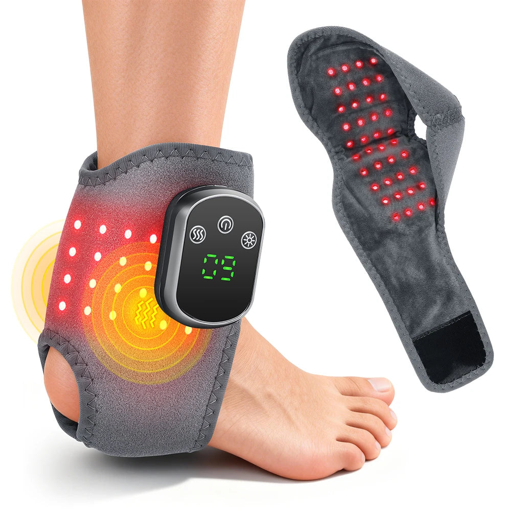 Electric heating ankle massager with LED vibration lights, red light therapy, and adjustable ankle and wrist braces.