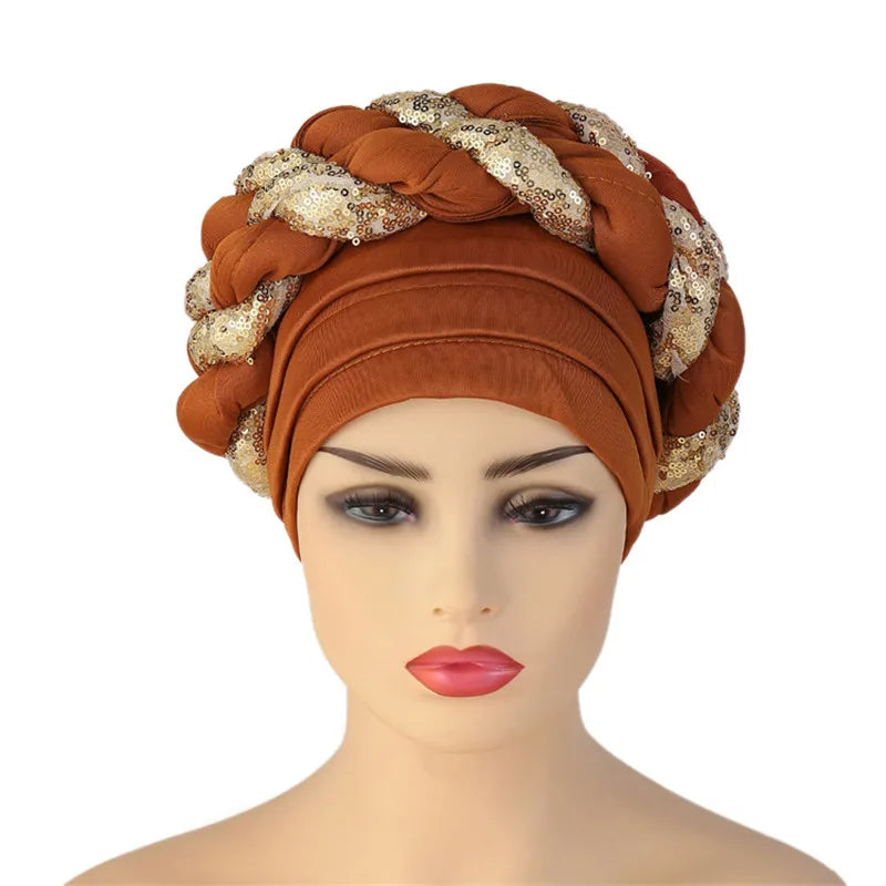 Sequins Braid Turban Cap for women African autogele Headtie