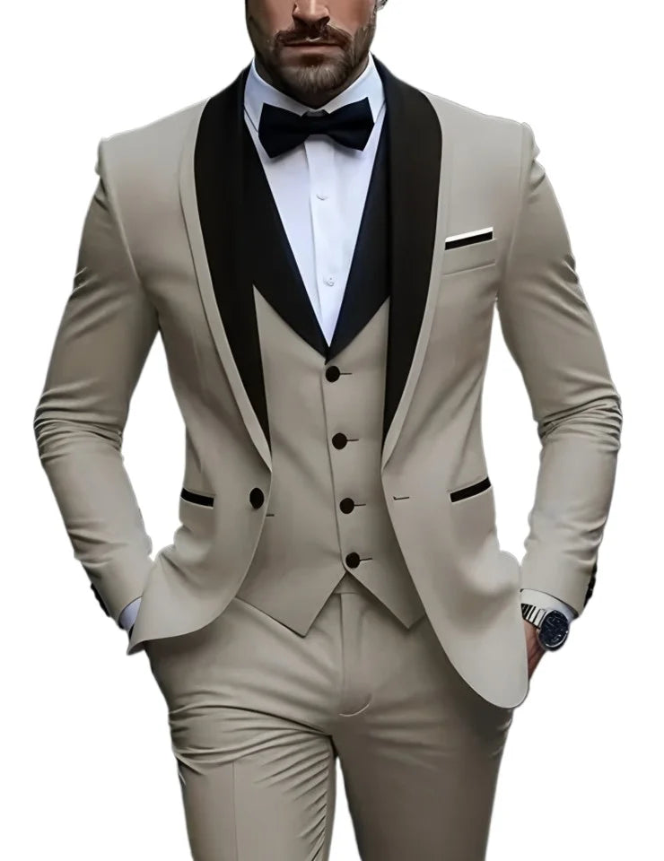 White Slit Mens Suits 3 Piece Black Shawl Lapel Casual Groom Tuxedos for Wedding Groomsmen Suits Men 2025 (Blazer+Vest+Pant)