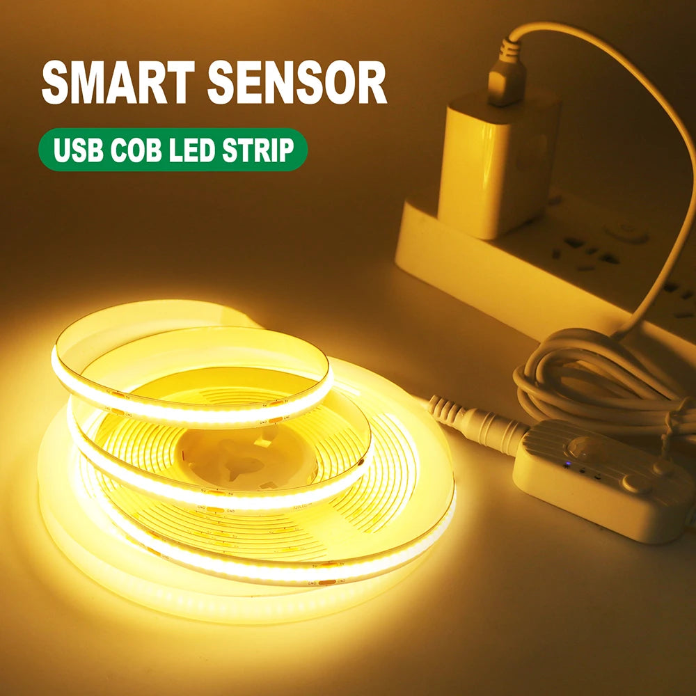 Showlu Smart Motion Sensor LED Strip Light 5V USB, flexible strip with built-in motion sensor and LED lighting for easy installation.