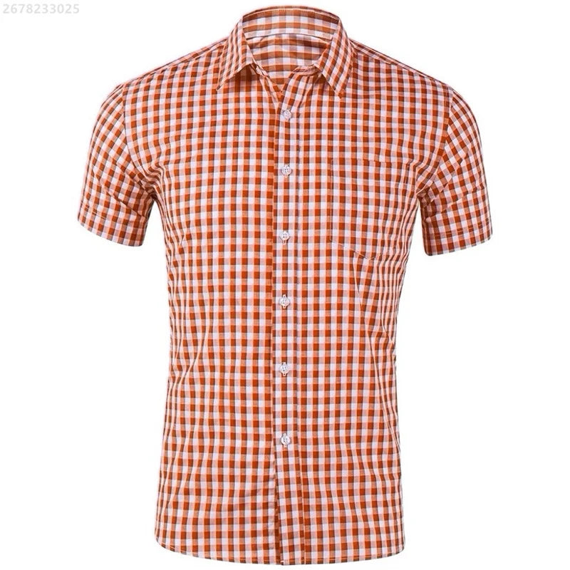 Men's short-sleeved Hawaiian style plaid shirt in red and blue, breathable casual streetwear, available in XS-6XL.