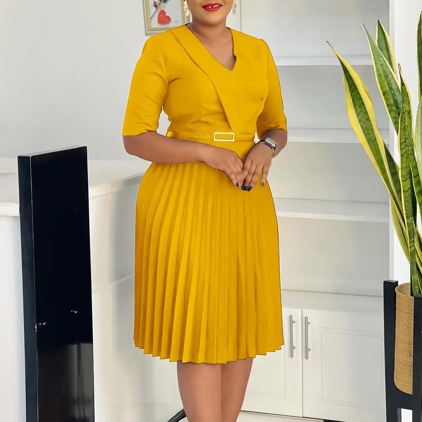 Showlu Women's V-Neck Pleated African Maxi Dress, plus size evening gown with flowing fabric and elegant design.