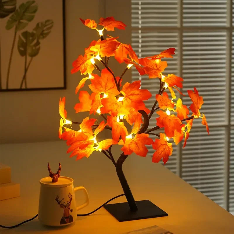 SHOWLU 24 LED Maple Leaf Tree Table Lamp with autumn leaves design, fairy night light for cozy home decor.