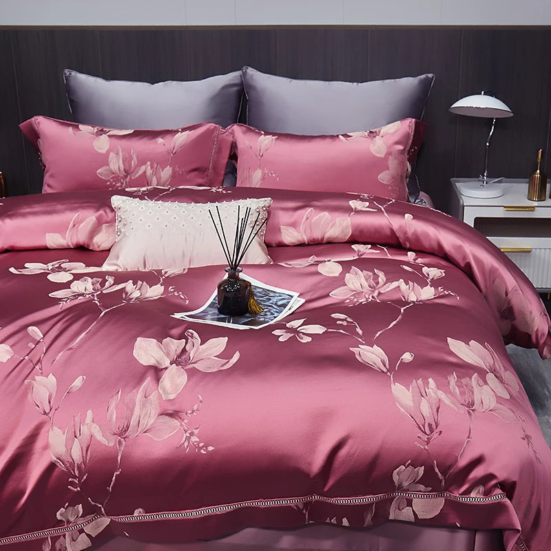 High End Mulberry S i l k Jacquard Bedding Set  4-piece Duvet Cover Set 200*230CM 220*240CM Flat Sheet Bedding