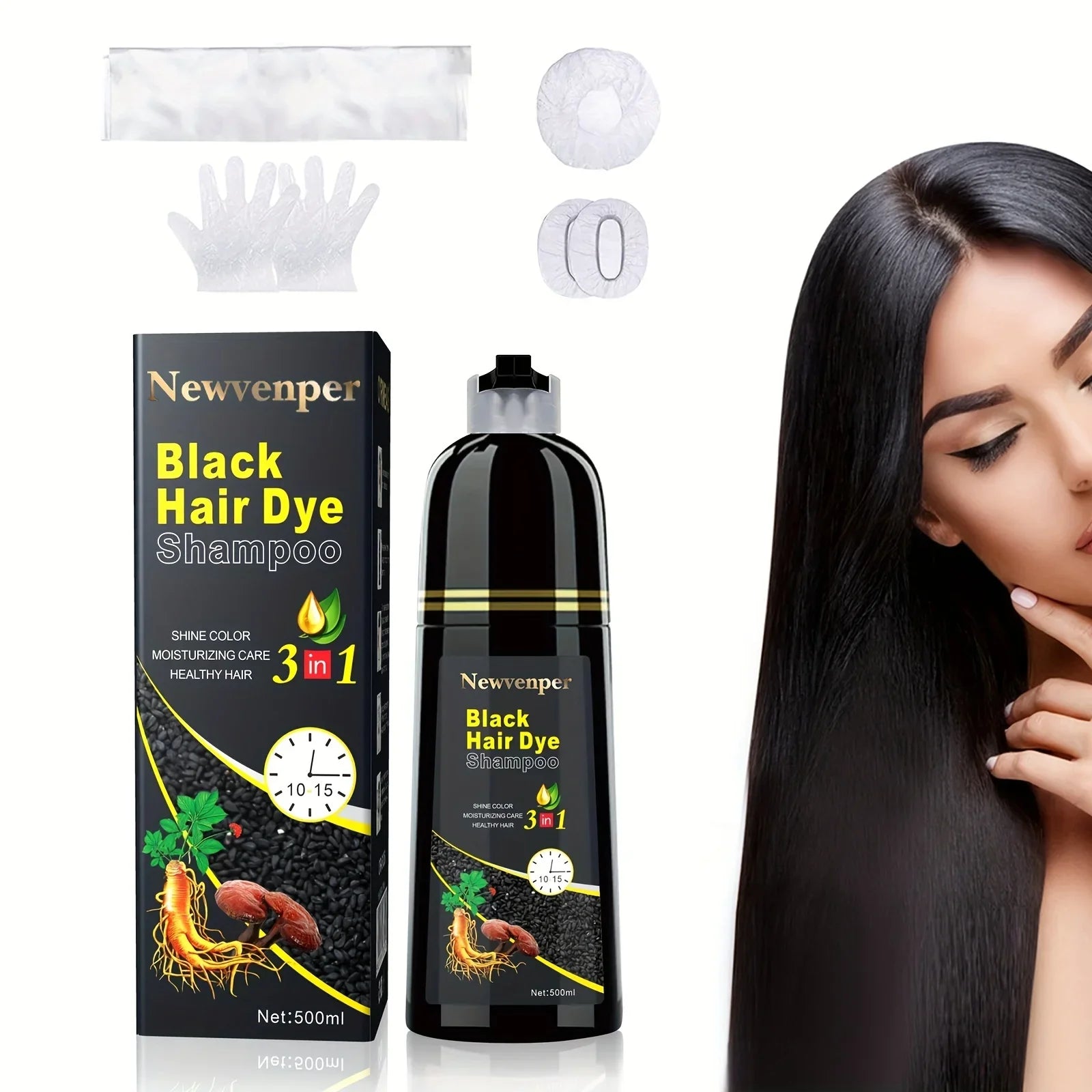 Black hair dye shampoo by SHOWLU FASHION STORE in 500ml bottle, natural long-lasting color for healthy hair.