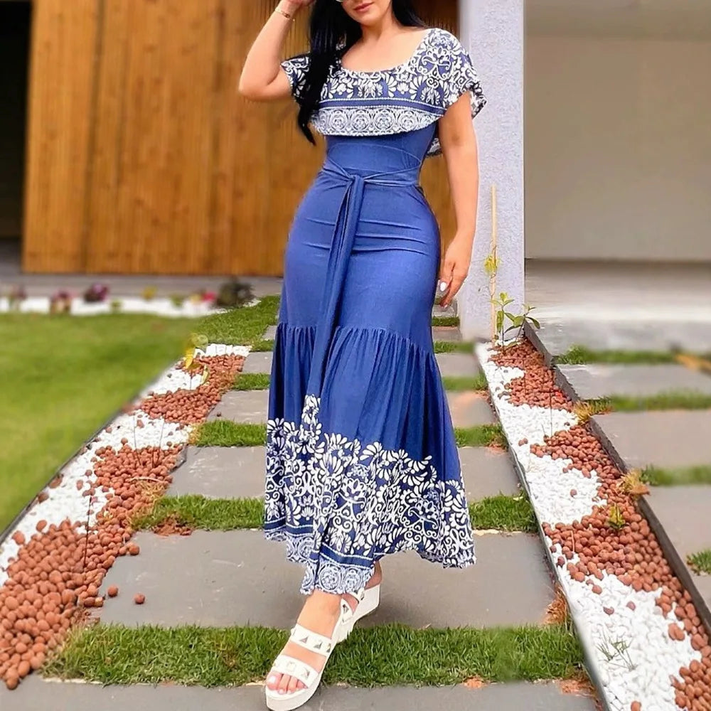 SHOWLU Women's off-shoulder print slim maxi dress in elegant fall 2024 style, featuring a fitted silhouette and vibrant pattern.