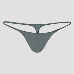 A solid grey men's low-rise thong made from stretchy, breathable knit fabric.