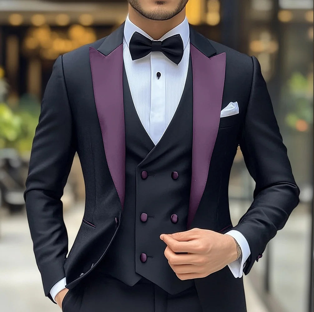 Men's black groom wedding tuxedo 3-piece suit with peak lapel blazer, pants, and vest, slim fit formal tuxedo from Showlu Fashion.
