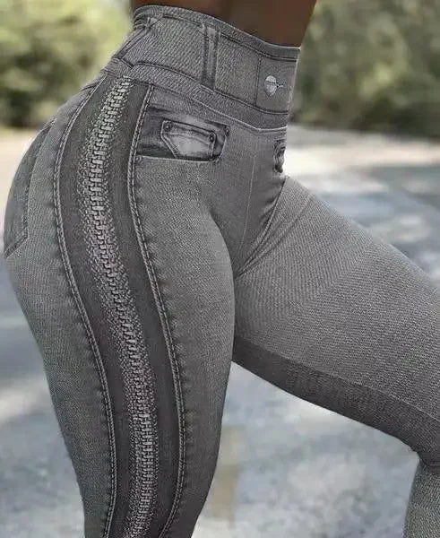 Denim look print high waist tummy control leggings for women with butt lift design, slim fit, spring and summer fashion style