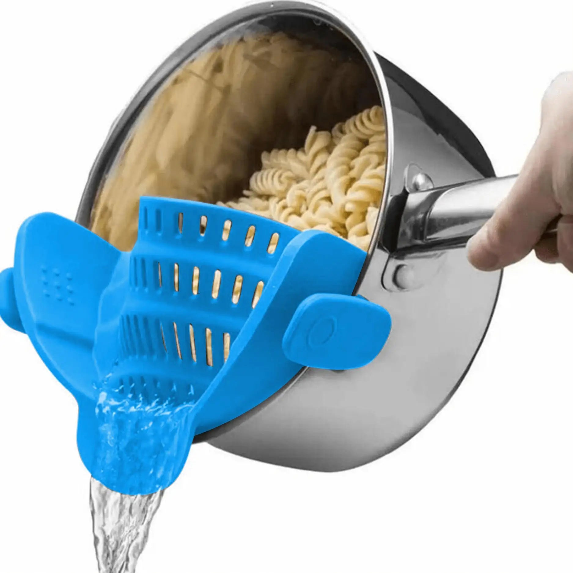 Showlu Smart General clip-on pot strainer attached to a cooking pot, featuring a foldable stainless steel mesh design for easy draining.