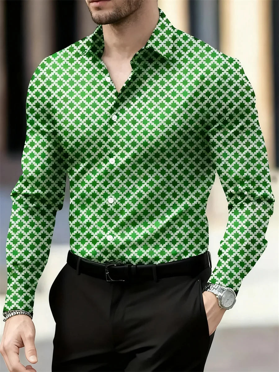 Men's long sleeve plaid shirt in 14 colors with geometric pattern, breathable fabric, casual and business style, featuring a lapel collar.