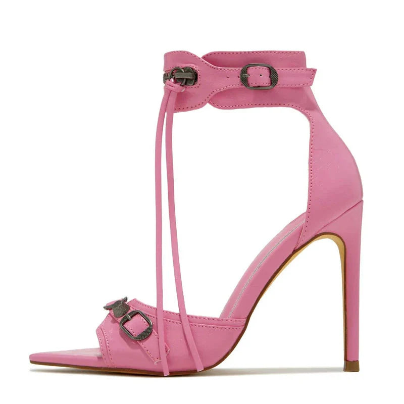 Liyke women's pointed open toe stiletto sandals with tassel zip detail, stylish party heels in black leather.