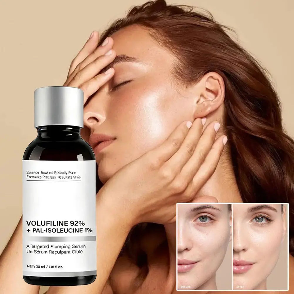 Volufilin face serum with niacinamide and hyaluronic acid, hydrating and smoothing dry skin on a facial bottle.