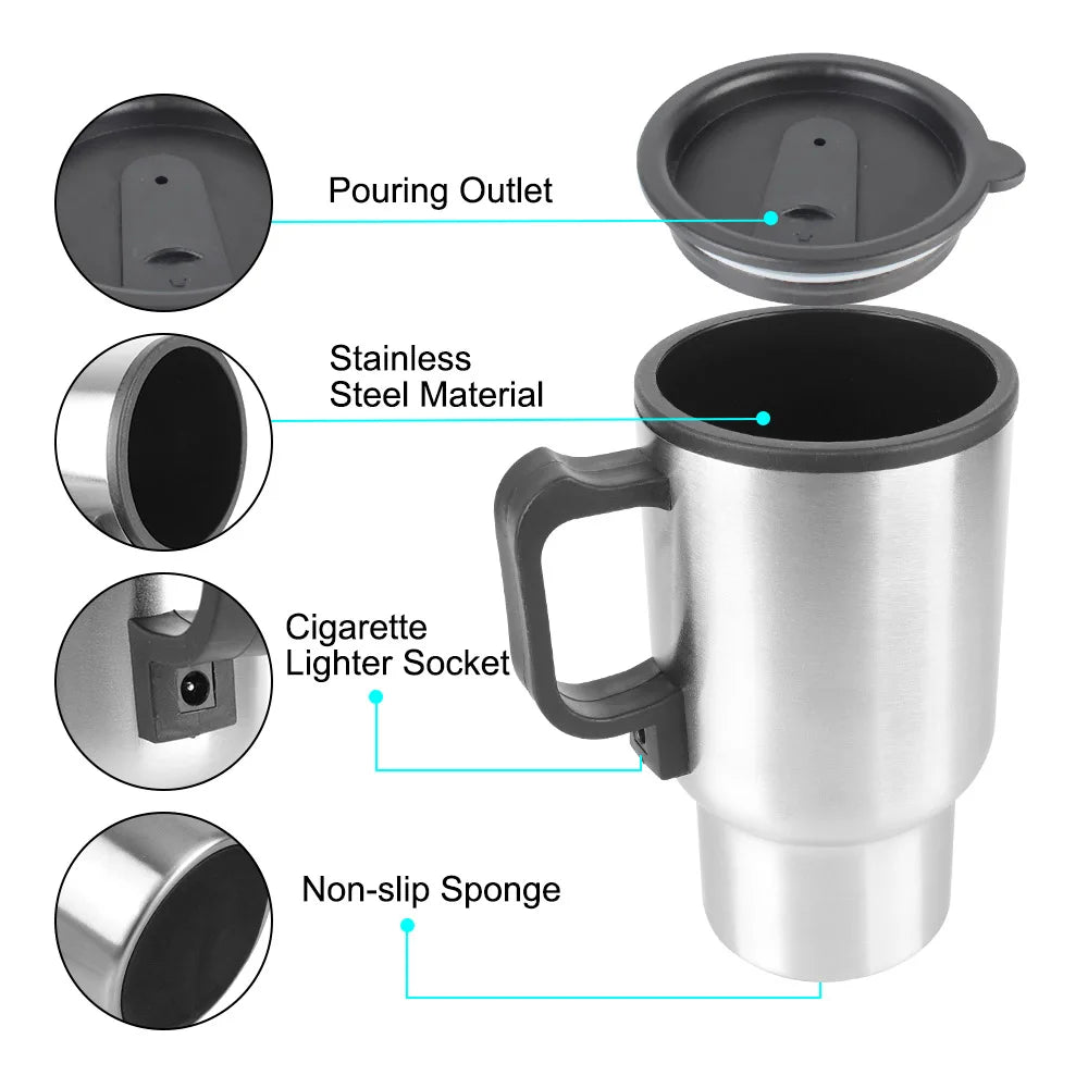 Camping Travel Kettle Electric Heating Car Kettle Stainless Steel Water Coffee Milk Thermal Mug Vehicle Heating Cup 12V 450ml