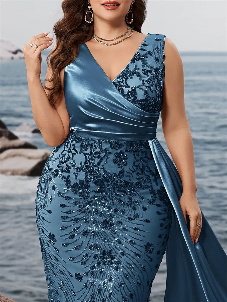 Plus size elegant V-neck sequins evening dress by Showlu Fashion, sleeveless mermaid gown for formal parties and celebrations.