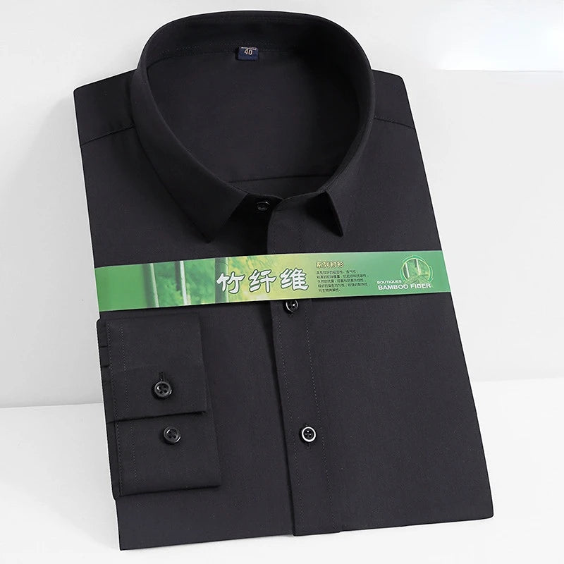 White bamboo fiber men's long sleeve dress shirt, professional and soft with stretch-free comfort, suitable for formal business wear.