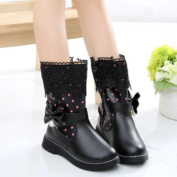 Girls winter snow boots by JGSHOWKITO featuring warm cotton lining and PU leather mid-calf design for cold weather wear.