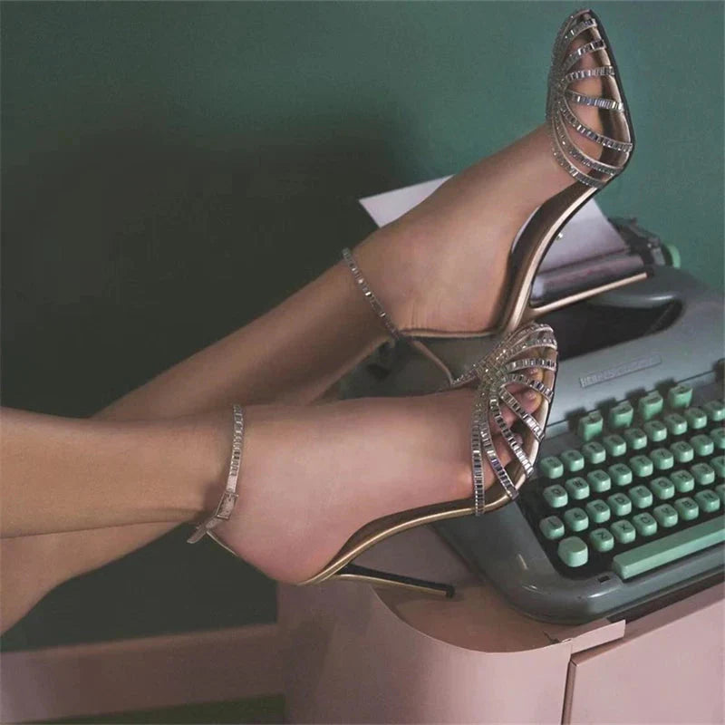 SHOWLU FASHION Crystal Gladiator Sandals with high heels and ankle strap, featuring glamorous design and sparkling embellishments