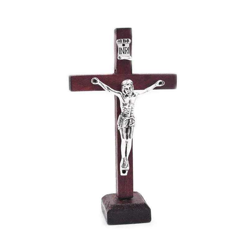 Wooden Catholic Jesus cross with stand, vintage Christian crucifix, tabletop religious ornament for church or home display