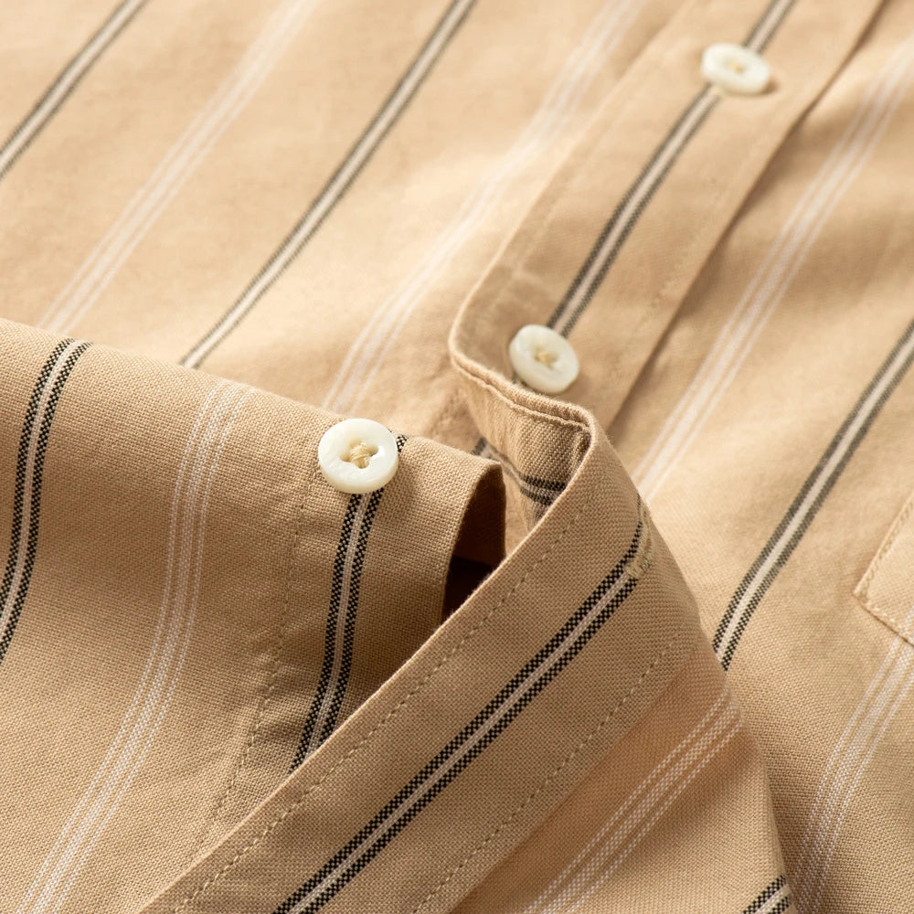 Men's plaid striped dress shirt from Showlu Fashion Store, made of comfortable cotton with long sleeves for casual or light business wear.