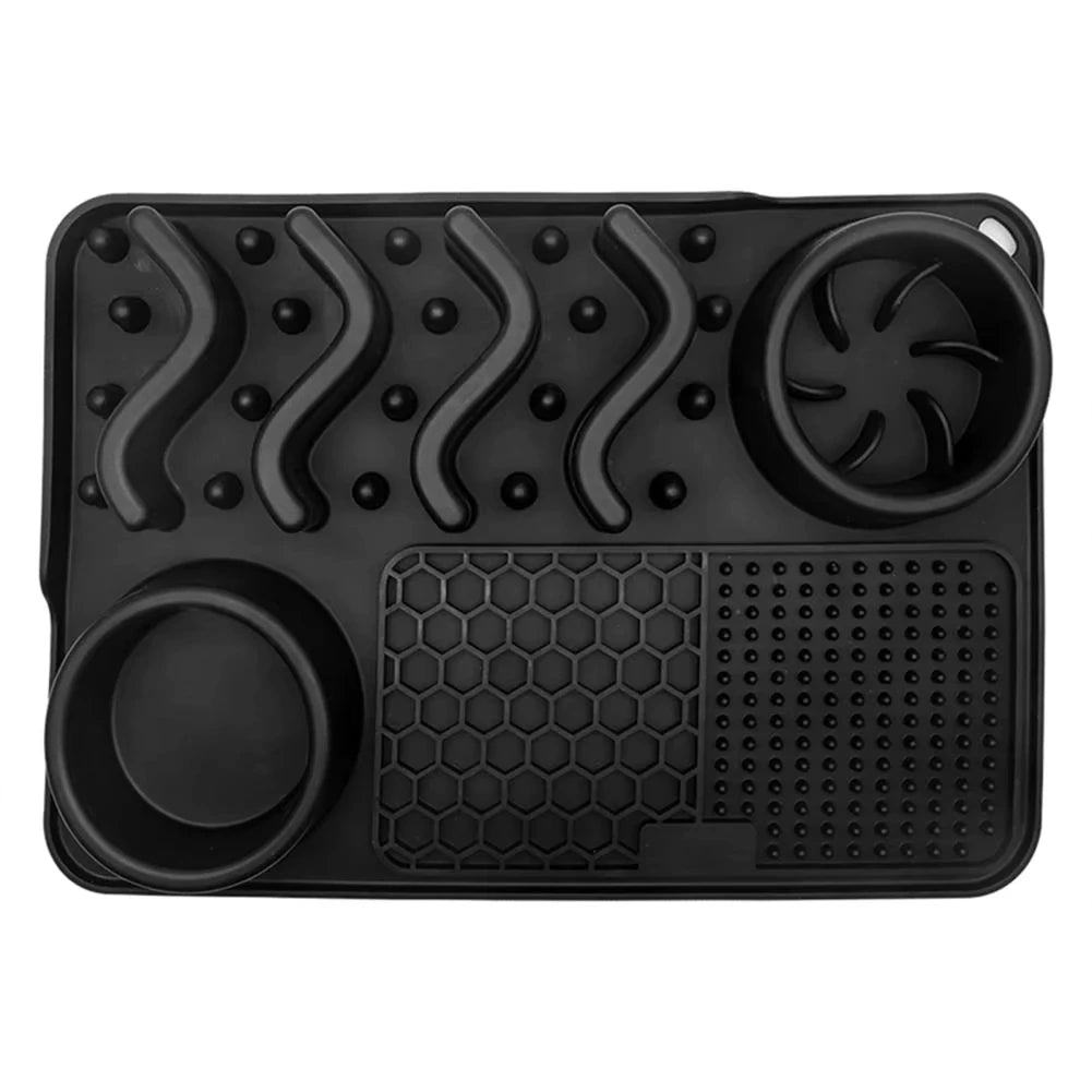 Turquoise non-toxic silicone slow feeder mat for pets with aluminum bowl, designed to reduce anxiety and boredom.
