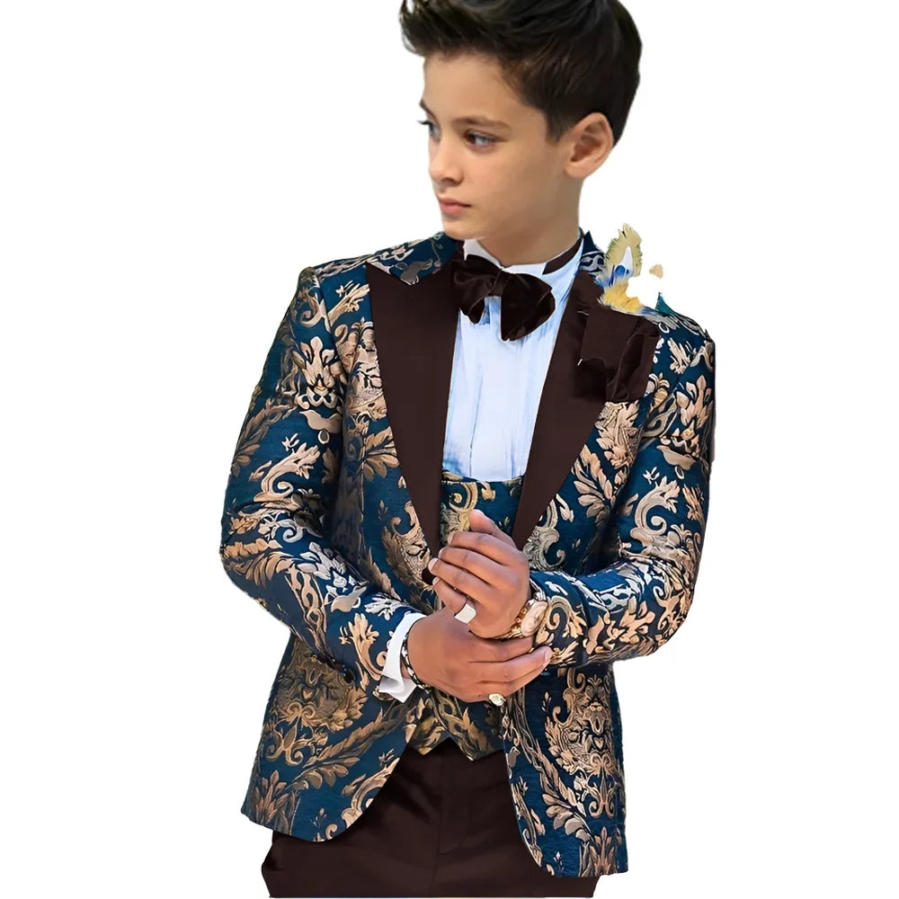 Children's floral boy tuxedo suit with jacket, vest, and pants, suitable for weddings, for ages 2-16 years.