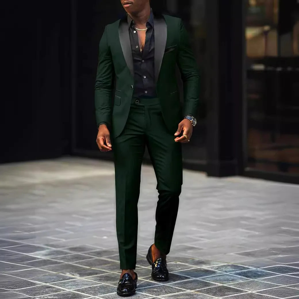 Men's fashion business casual two-piece suit with slim-fit jacket and trousers, comfortable, breathable, side slit design.